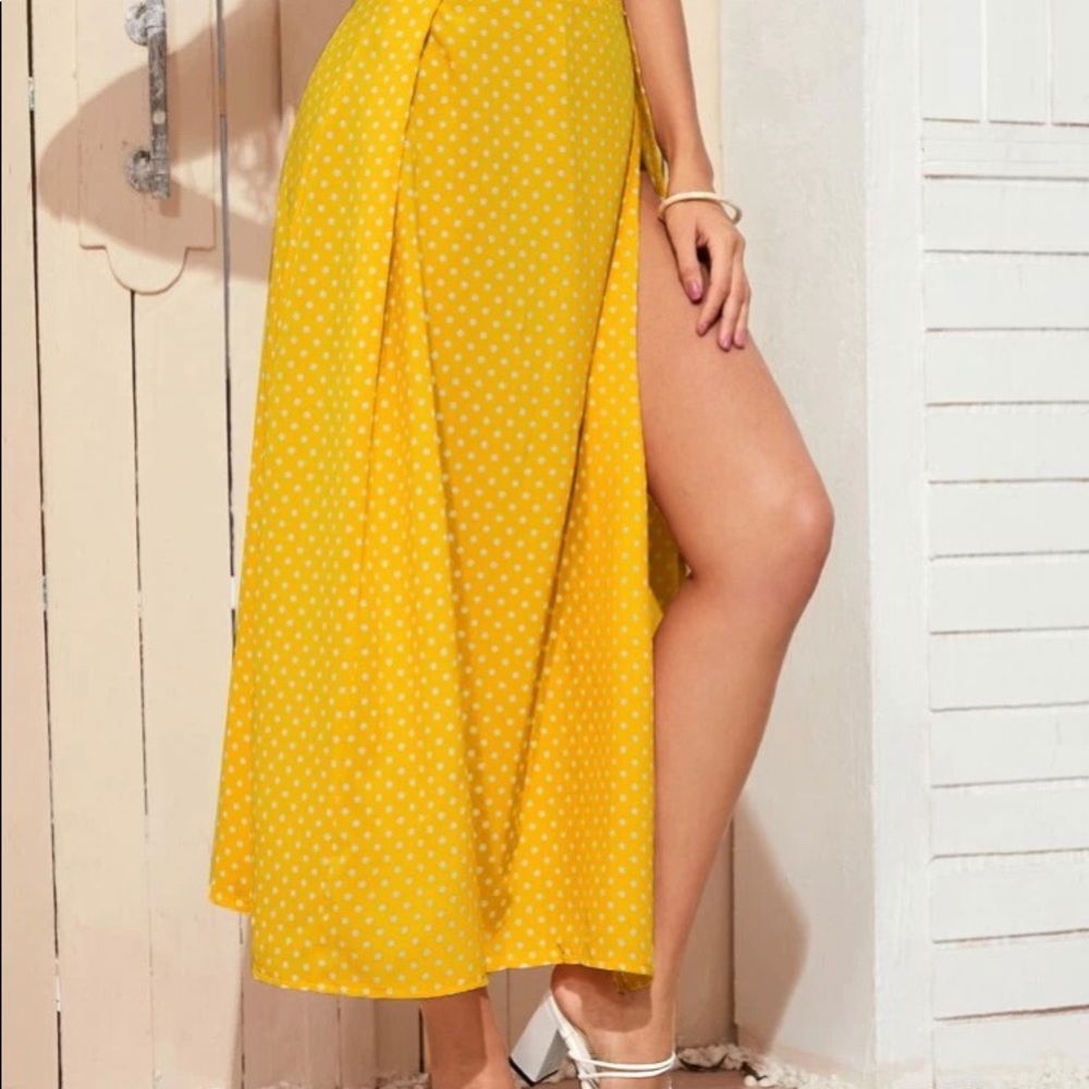 Yellow with white polkadotted skirt